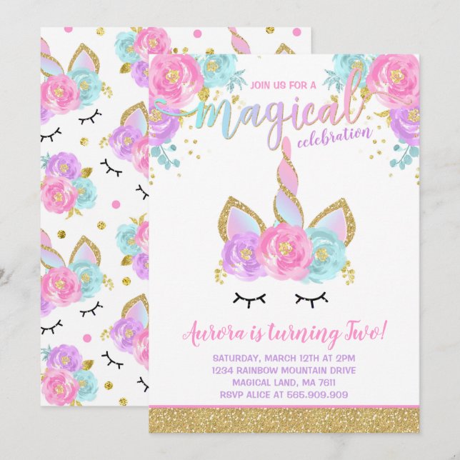 Fiesta unicornio mágico invitación de cumpleaños (Anverso / Reverso)