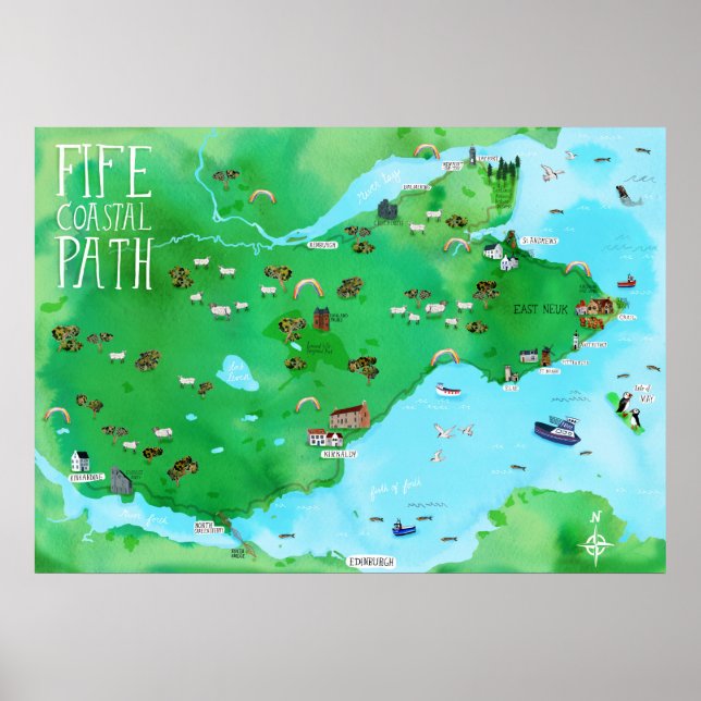 Fife Ruta Costera Ilustración Mapa Agua Arte (Frente)