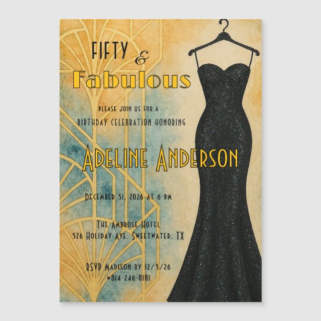 Fifty and Fabulous Black Gold Art Deco Magnet Card (Anverso)