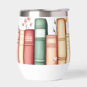 Fila de libros, flores y mariposas