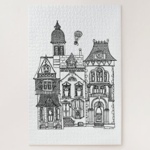 Fila victoriana de casas pintando un rompecabezas