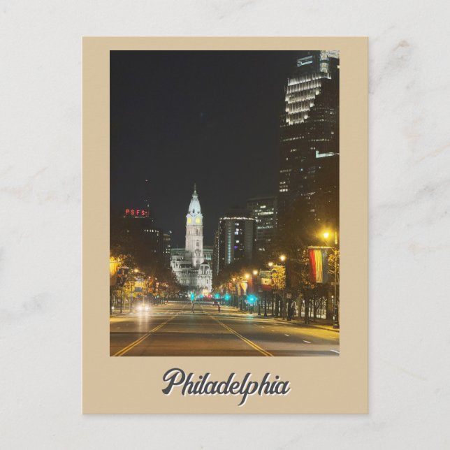 Filadelfia en la tarjeta postal nocturna (Anverso)