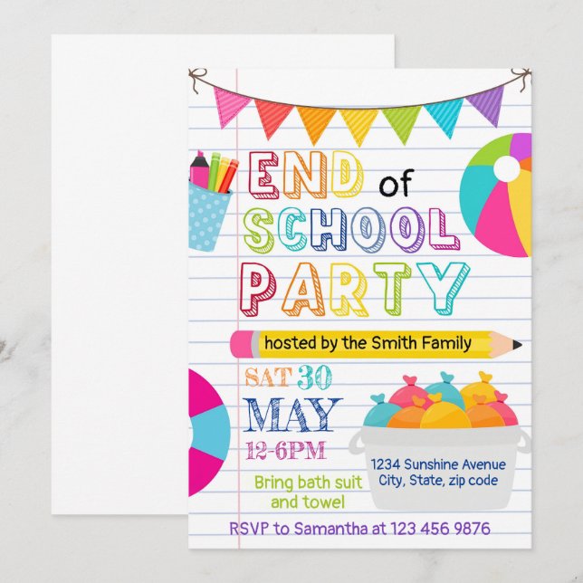 Fin de la invitación editable a Fiestas escolares, (Anverso / Reverso)
