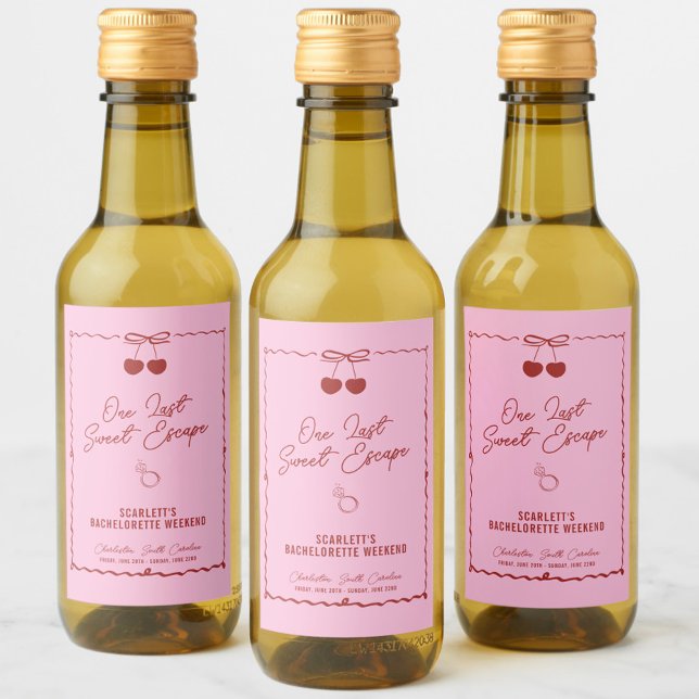 Fin de semana de soltera de cereza rosa y roja Min (One Last Sweet Escape mini wine labels, bachelorette party favors, red, pink, personalized, chic)