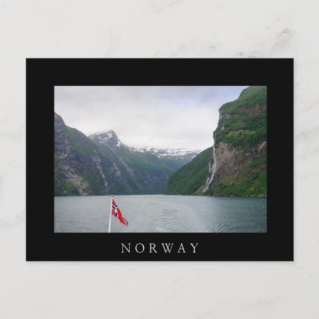 Fiordo de Geiranger con la bandera noruega postal  (Anverso)