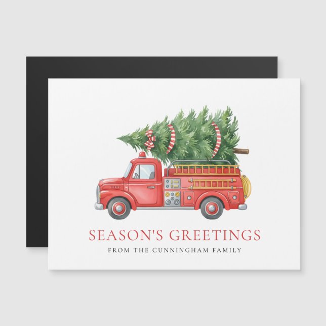 Firefighter Christmas Red Fire Truck Magnetic Card (Anverso/Reverso)