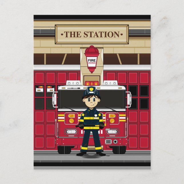Fireman con tarjeta postal del motor de fuego (Anverso)