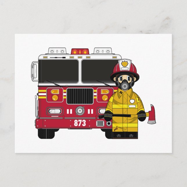 Fireman con tarjeta postal del motor de fuego (Anverso)