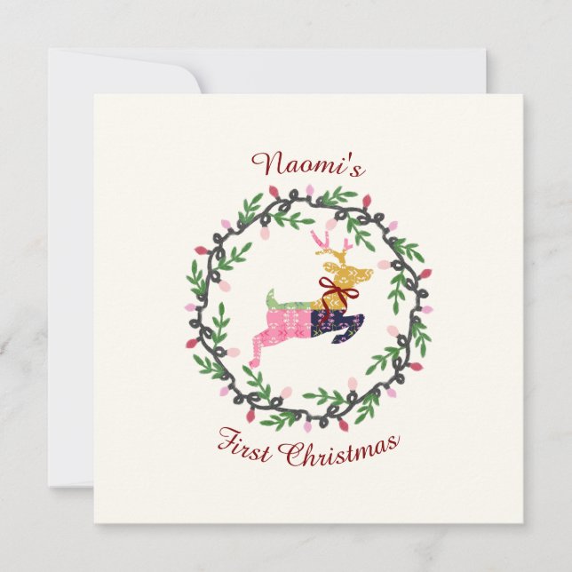 First Christmas Deer with Wreath Customize Card (Anverso)
