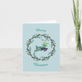 First Christmas Deer with Wreath Teal Folded Card