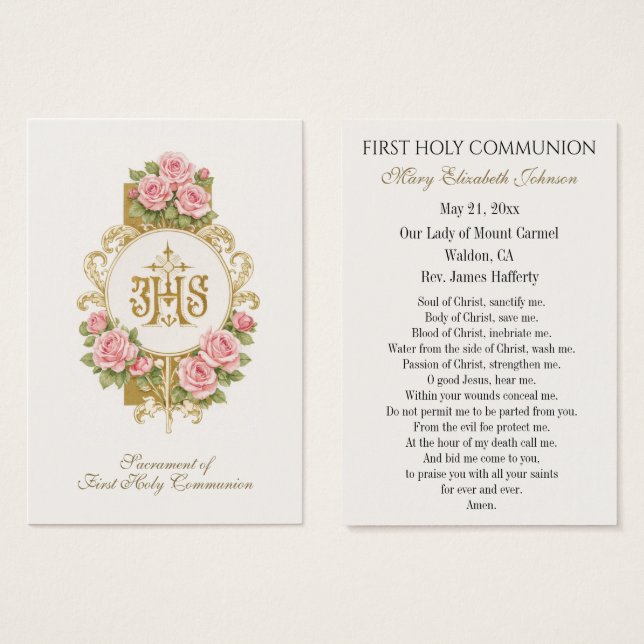 First Communion Catholic Remembrance Holy Card (Anverso y reverso)