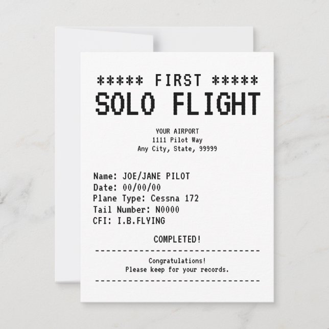 First Solo Flight Congratulations Flat Card (Anverso)