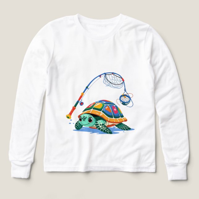 Fishing Turtle Fun – Kids’ Long Sleeve Tee (Diseño frontal)