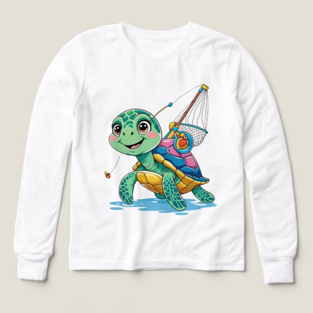 Fishing Turtle – Kids’ Long Sleeve Tee (Diseño frontal)