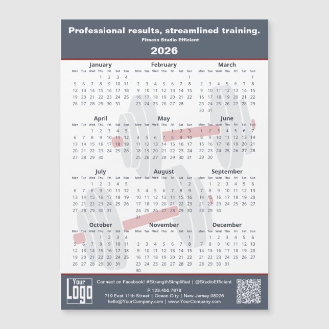 Fitness Slogan Grey White Red 2026 Calendar Magnet (Anverso)