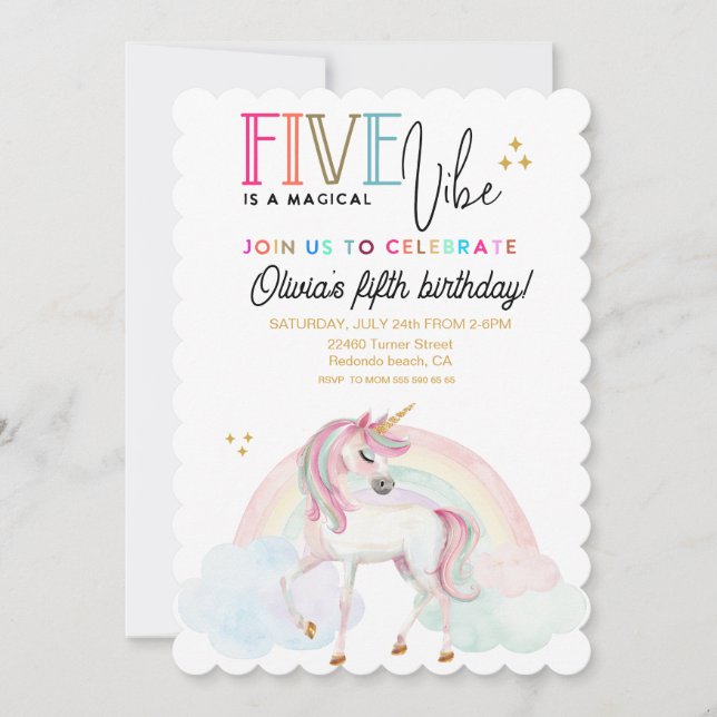 Five es una invitación de cumpleaños Unicornio Arc (Anverso)