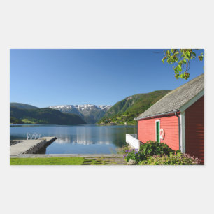 Fjord noruego y pegatina rectangular de faro y far