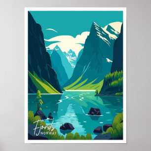 Fjords ilustracion de arte Noruega Viaje de época