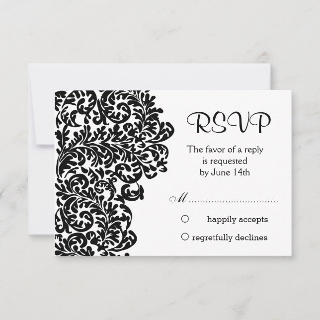 Flagelos de damasco negro Leafy Wedding RSVP (Anverso)