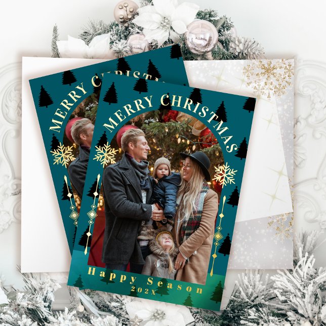 Flama Verde azulada de nieve en árbol de navidad d (Merry Christmas Tree Snow Flakes Teal Photo Foil Greeting Card)