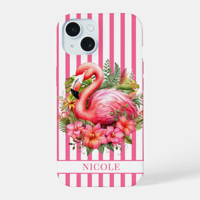 Flamenco con Flores Tropicales sobre Rayas (Reverso )