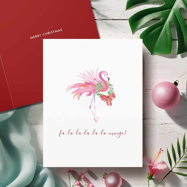 Flamenco rosa acuarela Navidad playa Florida (Florida Christmas cards tropical watercolor pink flamingo art by Victoria Grigaliunas DoTellABelle)