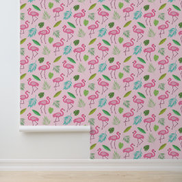Flamenco rosa con papel pintado de hojas tropicale