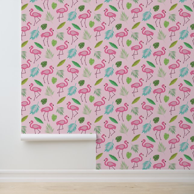 Flamenco rosa con papel pintado de hojas tropicale (Solicitud)