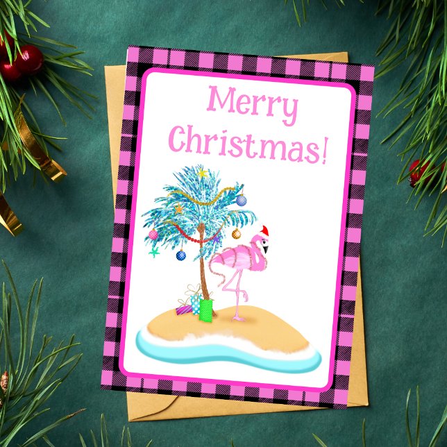 Flamenco rosa de Navidad y árbol de palma con bril (A tropical Flamingo enjoying Christmas! Perfect as a printed card and digital download.)