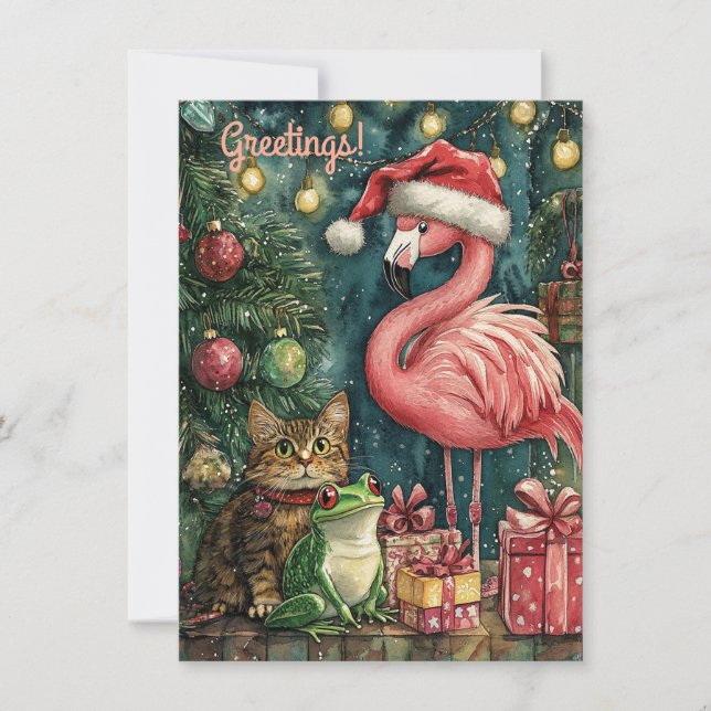 Flamenco Rosa Gato & Rana Navidad Tropical  (Anverso)