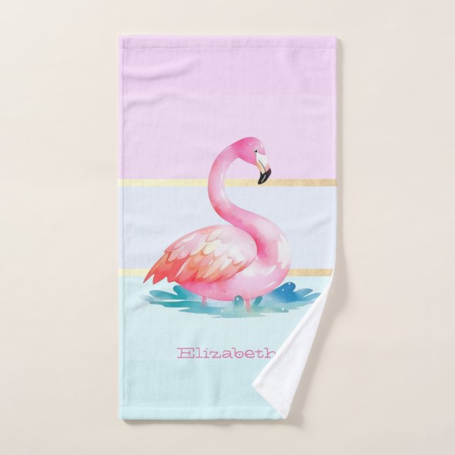 Flamencos rosados con rayas pastel modernas (Toalla de mano)
