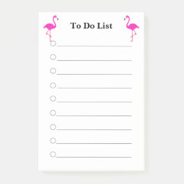 Flamencos rosados en una nota Post-it con lista de