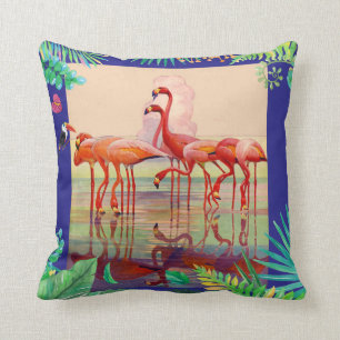 Flamencos rosados y almohada tropical de las hojas
