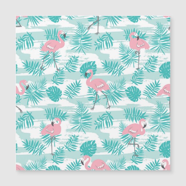 Flamencos rosas, hojas de palma verdes, tropicales (Anverso)