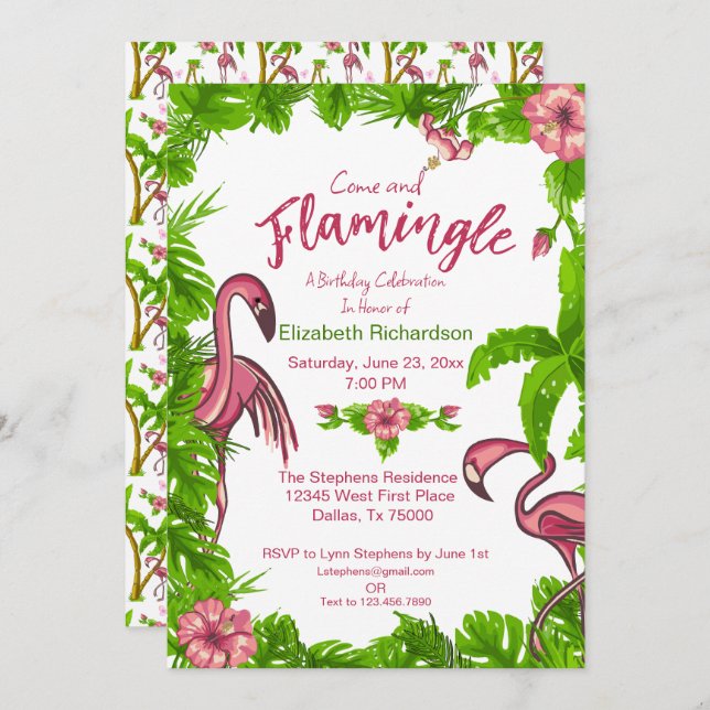 Flamencos Tropicales y Flores Invitación (Anverso / Reverso)