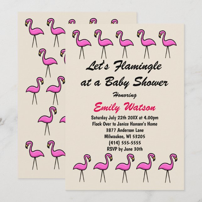 Flamingle en una tarjeta de invitación de Baby Sho (Anverso / Reverso)