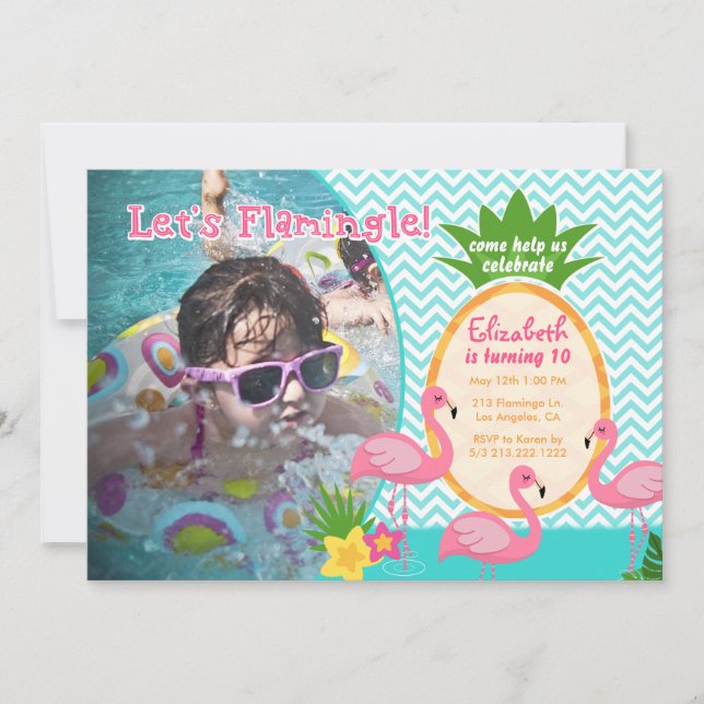 Flamingle foto tropical con invitación de cumpleañ (Anverso)
