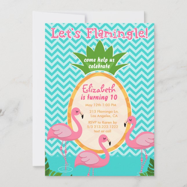 Flamingle invitación a cumpleaños tropical (Anverso)