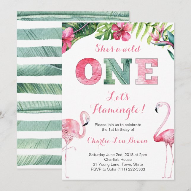 Flamingle Invitaciones de cumpleaños para Chica (Anverso / Reverso)