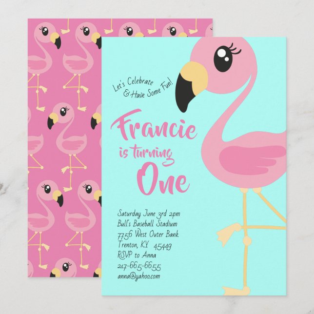 Flamingo 1er cumpleaños Cute invitaciones (Anverso / Reverso)
