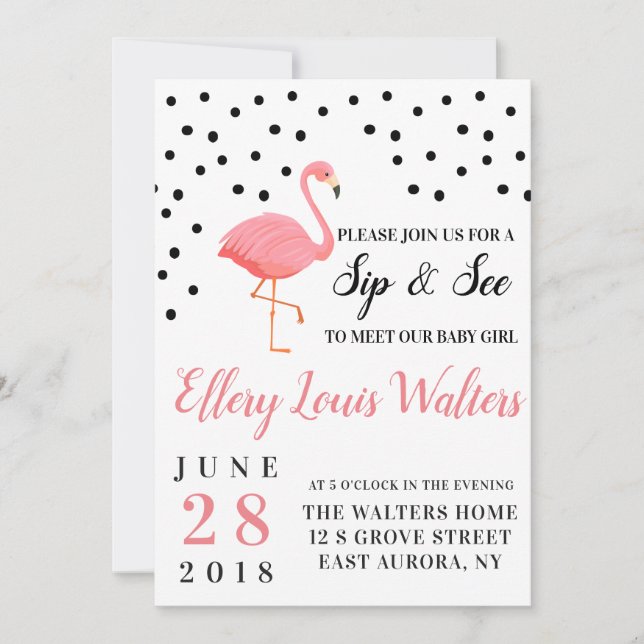 Flamingo Baby Girl Sip y Ver Invitación (Anverso)