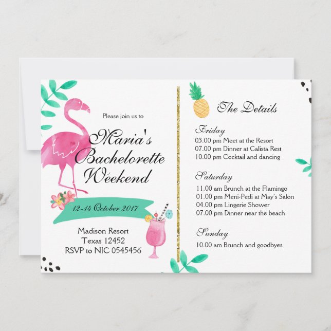 Flamingo Bachelorette Invitación Itineraria Fin de (Anverso)
