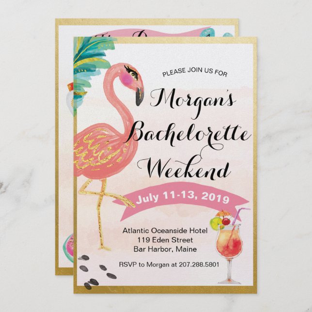 Flamingo Bachelorette Invitación Itineraria Fin de (Anverso / Reverso)