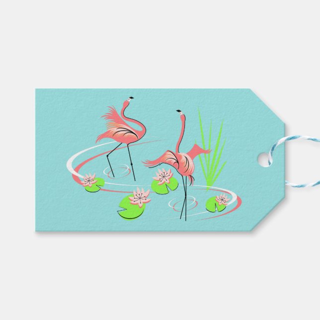 Flamingo Fandango Duo 2 etiqueta de regalo azul (Frente (Horizontal))