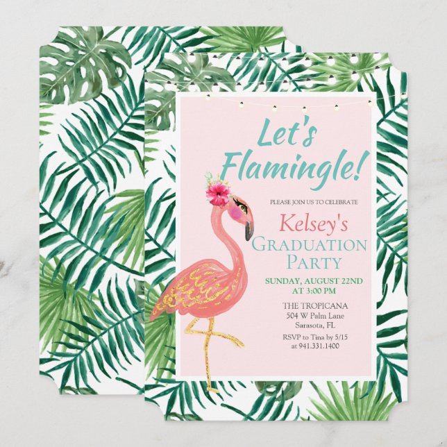 Flamingo Flamingle Graduation Party Invitación (Anverso / Reverso)