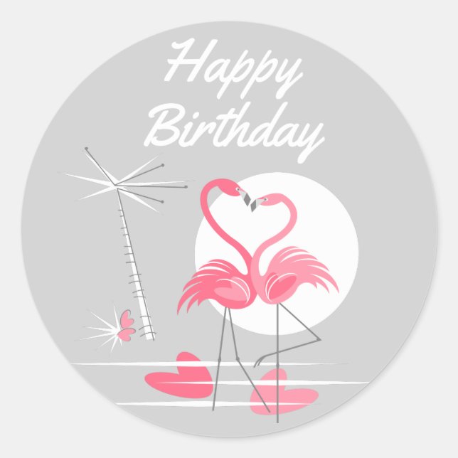 Flamingo Love Happy Birthday pegatina round (Anverso)