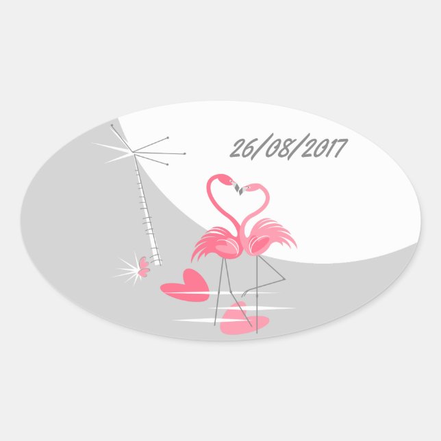 Flamingo Love Large Moon Date pegatina oval (Anverso)