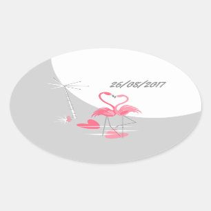 Flamingo Love Large Moon Date pegatina oval