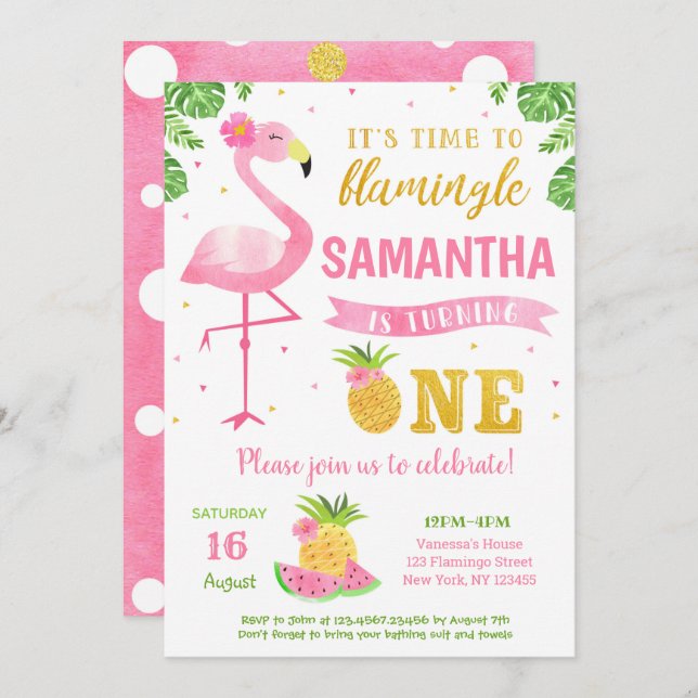 Flamingo Luau Primeras invitaciones para fiestas d (Anverso / Reverso)