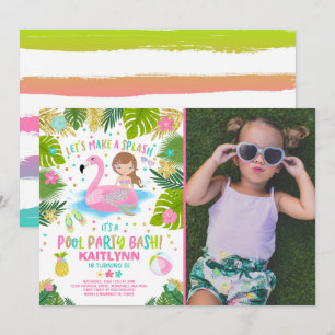Flamingo & Mermaid Pool Party Invitación Tropical